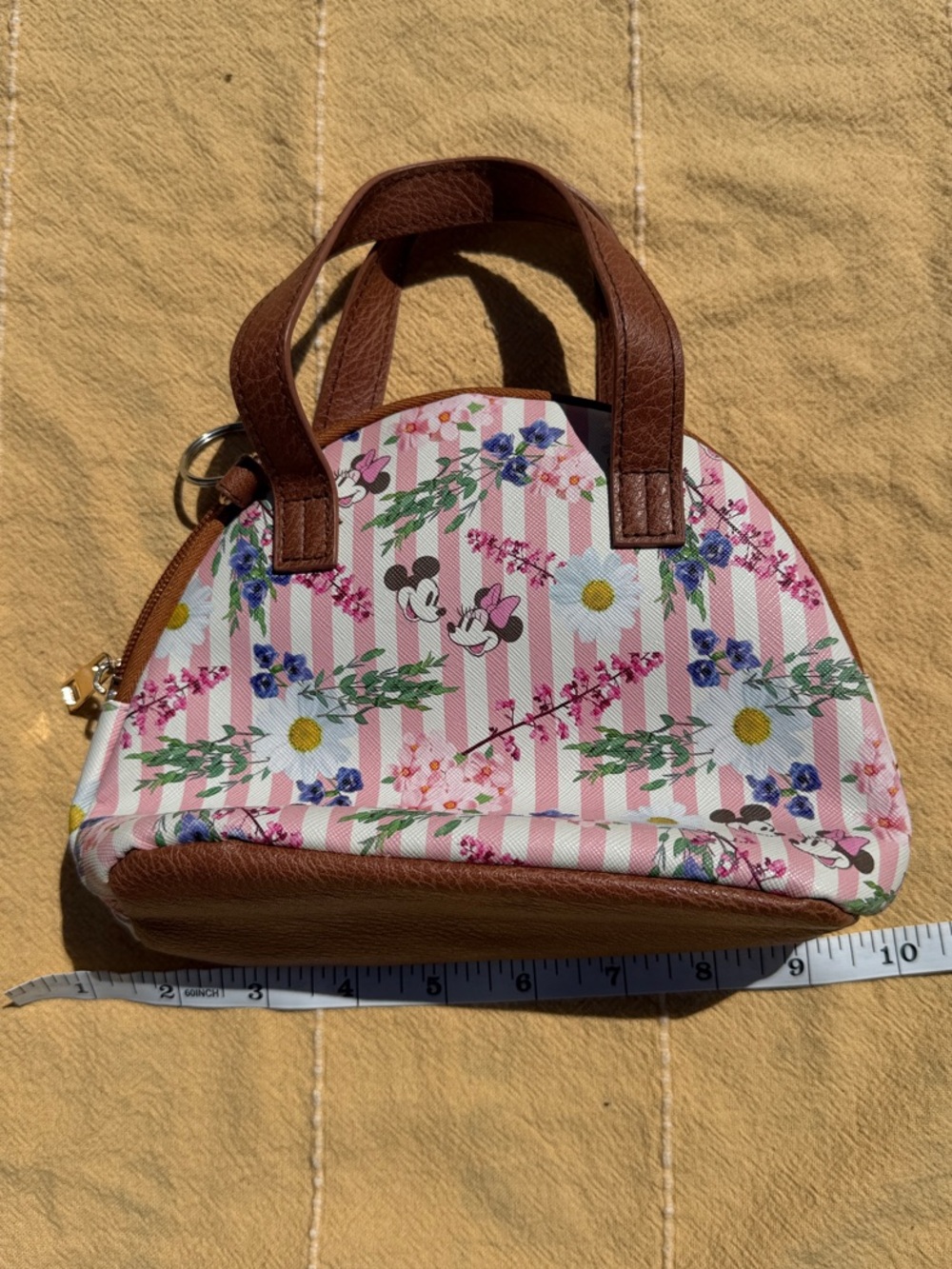 Bioworld Pink Floral Stripe Mini Dome Handbag with Brown Trim